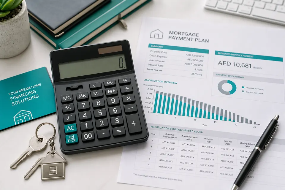 Mortgage calculator, house keys, and payment schedule